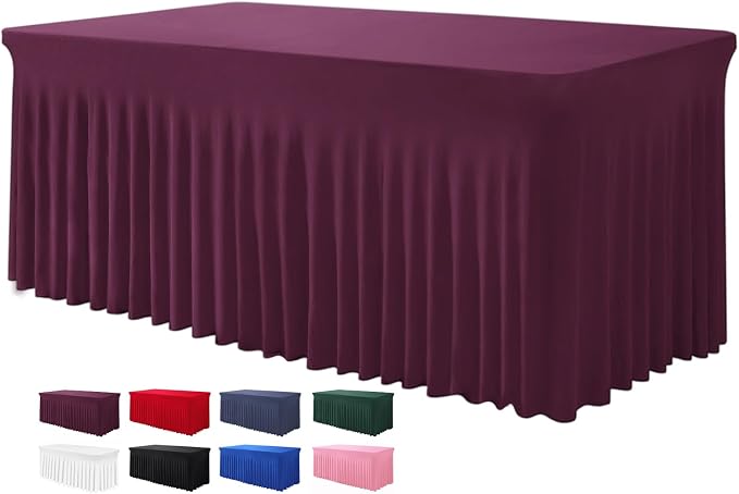 BDDC One-Piece Spandex Table Cover Skirt for 4FT Rectangle Tables | GRS-Certified Eco-Friendly Fabric, Elastic Fitted Ruffle Tablecloth, Washable, For Banquets, Weddings & Parties