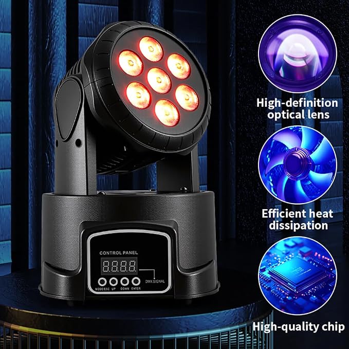 MINGJIE Moving Head DJ Lights, 12 Colors 7x10W LED Wash Stage Spotlight with DMX & Sound Active, 540° Pan 180° Tilt, Disco Party Lights for Weddings Clubs Concerts Events Bars (Black)