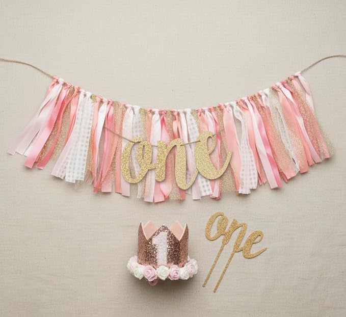 PapaKit Girls 1st Birthday High Chair Premium Decoration Set - Pink & Gold Ribbon Garland, Crown, One Banner & Cake Topper | Coquette Fairy Princess Theme | Smash Cake Photo Prop Backdrop