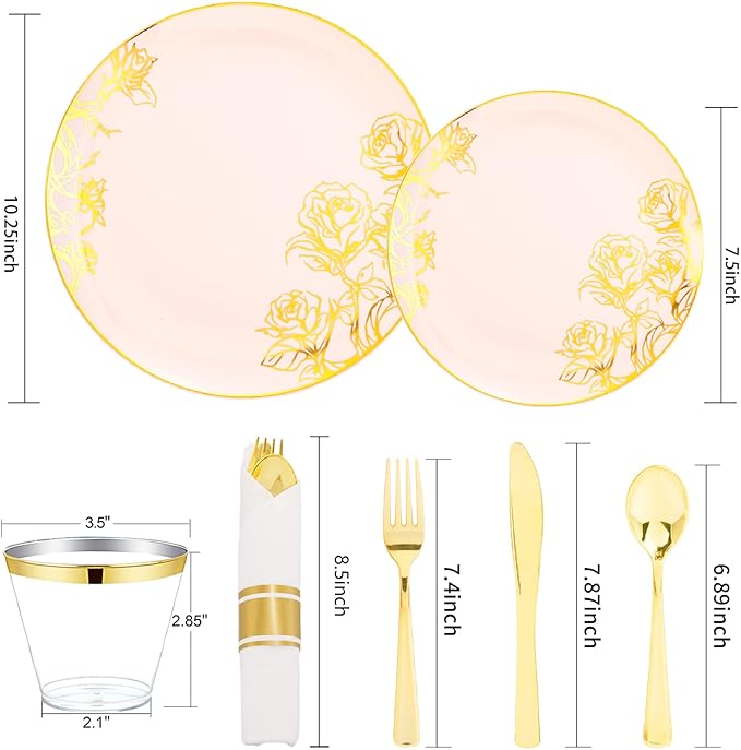 DaYammi 210Pcs Pink Gold Plastic Plates Floral Plates,Pink Disposable Dinnerware Set Includes 60 pink Plate,30 gold Plastic Silverware,30 Per Rolled Napkins,30 Cups,Party plates for Mother's Day Party