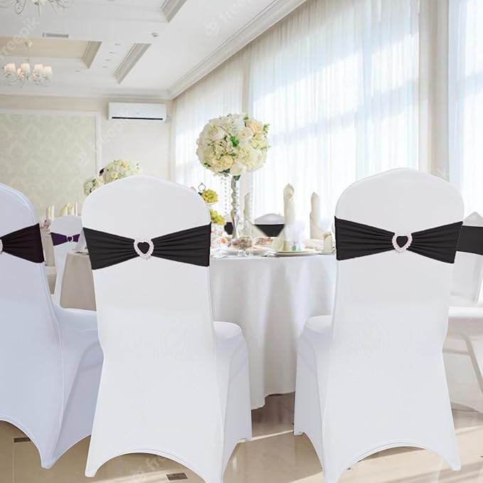Howhic Pack of 120 Spandex Chair Sashes Bows Stretch Chair Cover Band with Buckle Slider Universal Elastic Chair Ties for Wedding Banquet Party Event Decoration (Black)