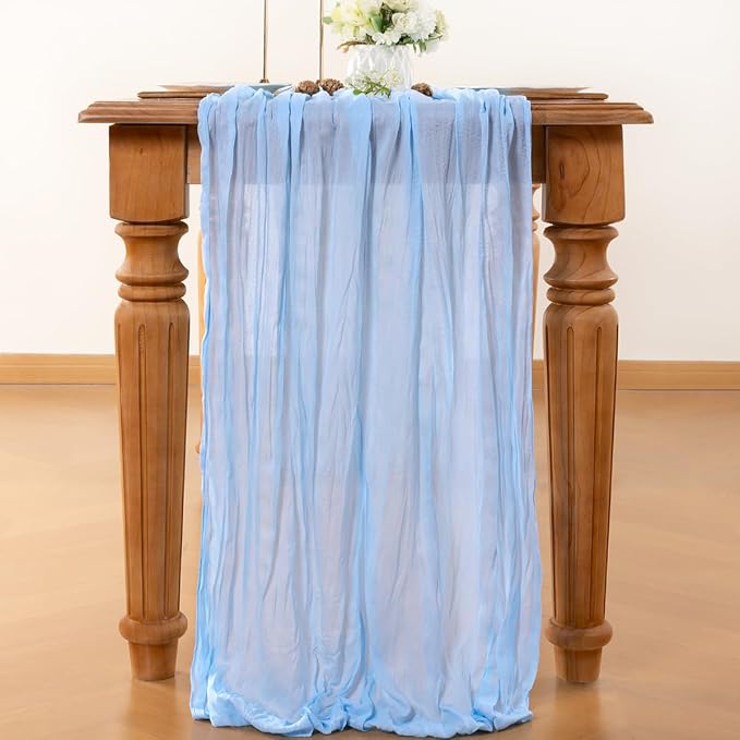LINXTAR Light Blue Cheesecloth Table Runner 10 Pack 120 Inches 10Ft Gauze Summer Boho Table Runner for Wedding Tea Party Baby Shower Bridal Birthday Home Decoration