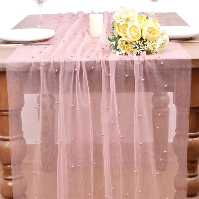 Dusty Rose Pearl Table Runner Boho Rustic Tulle Lace Dining Baby Shower Wedding Arch Decor Veil Dessert Holiday Centerpiece Table Decor