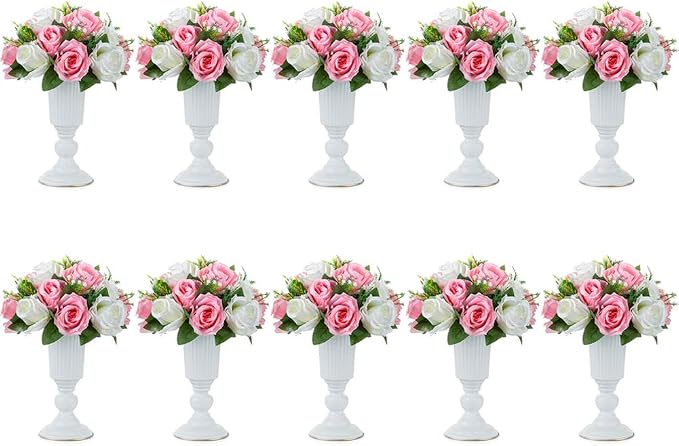 Nuptio 10 Pcs Flowered Metal Trumpet Vase Elegant Wedding Centerpieces Vase for Party Dining Room Decoration, 23.2cm Tall Artificial Flower Arrangements for Anniversary Ceremony, White