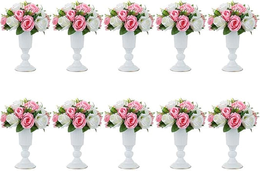 Nuptio 10 Pcs Flowered Metal Trumpet Vase Elegant Wedding Centerpieces Vase for Party Dining Room Decoration, 23.2cm Tall Artificial Flower Arrangements for Anniversary Ceremony, White
