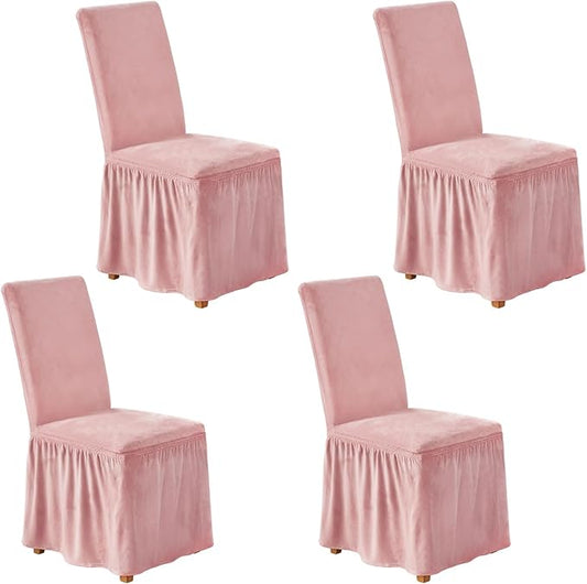 NICEEC Spandex Chair Covers for Dining Chairs Covers Set of 4 Removable Dining Room Chair Covers with Skirt Parson Chair Slipcovers Washable Chair Protector for Kitchen Wedding Banquet(Pink)