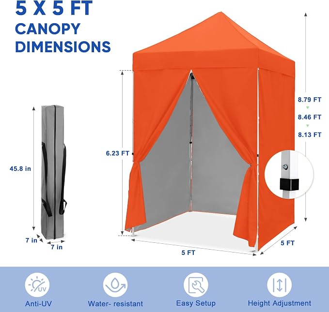 COOS BAY 5x5 Pop Up Canopy Tent with Side Walls, Easy Setup Portable Sun Shelter with Carry Bag, Outdoor Shade for Beach, Camping, Sports & Backyard, Orange