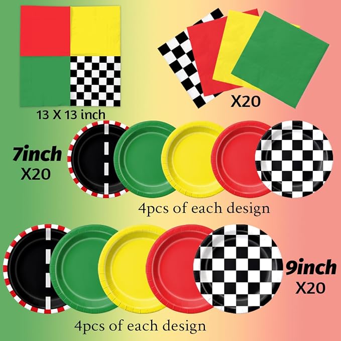CMUSKO Race Car Birthday Party Decorations - 60Pcs Traffic Light Plates & Napkins Kit Road Checkered Flag Tableware for Boy Party Supplies
