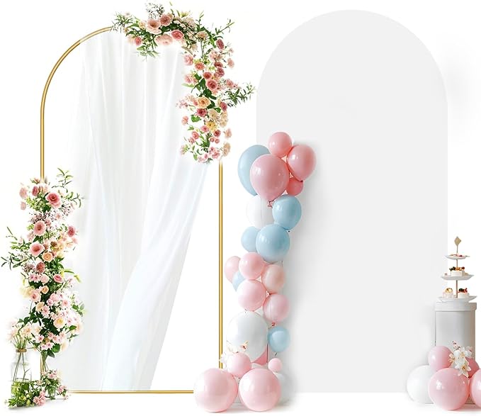 6FT Arch Backdrop Stand and Cover Set, Metal Arch Stand & Cover Set with Ground Nails White Spandex Fitted Arch Covers Stretchy Backdrop with Zipper for Wedding Birthday Party Baby Shower Banquet
