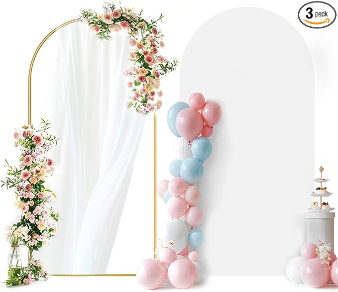 Arch Backdrop Stand and Cover Set 6.6FT, Metal Arch Stand & Cover Set with Ground Nails White Spandex Fitted Arch Covers Stretchy Backdrop with Zipper for Wedding Birthday Party Baby Shower Banquet