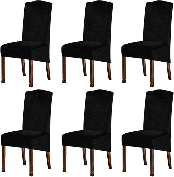 Velvet Plush XL Dining Chair Covers, Stretch Chair Slipcover, Spandex High Chairs Protector Covers Seat Slipcover with Elastic Band for Dining Room,Wedding, Ceremony, Banquet (Black, Set of 6)