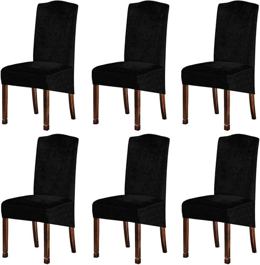 Velvet Plush XL Dining Chair Covers, Stretch Chair Slipcover, Spandex High Chairs Protector Covers Seat Slipcover with Elastic Band for Dining Room,Wedding, Ceremony, Banquet (Black, Set of 6)