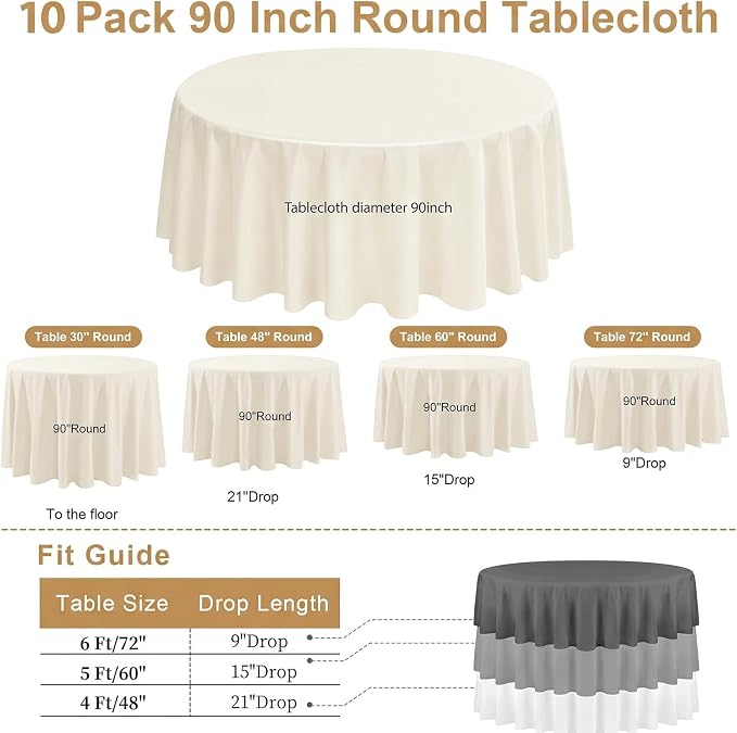10 Pack Round Tablecloth 90 Inch Ivory, Polyester Fabric Round Table Cover, Stain & Wrinkle Resistant Washable Table Cloth for Wedding, Party, Banquet, Dining Decor