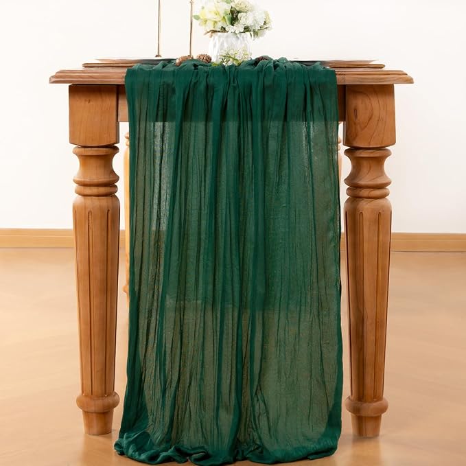 LINXTAR Emerald Green Cheesecloth Table Runner 120 Inches 10Ft Gauze Summer Boho Table Runner for Wedding Tea Party Baby Shower Bridal Birthday Home Decoration