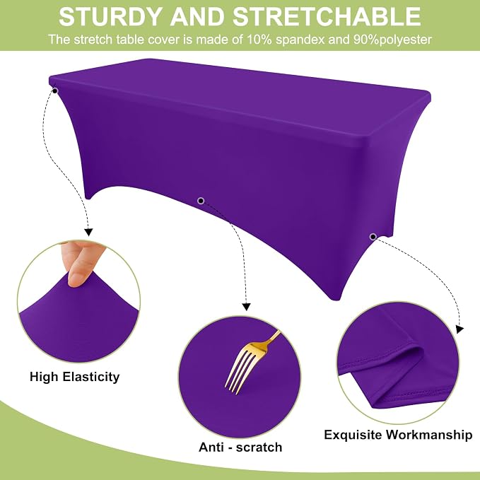 Moosfor Spandex Elastic Fitted 8FT Rectangle Tablecloth 6 Pack, Stretch Washable Reusable Table Cover for Outdoor Picnic, Dining, Wedding, Banquet & Party Events (Purple, 96Lx30Wx30H Inch)