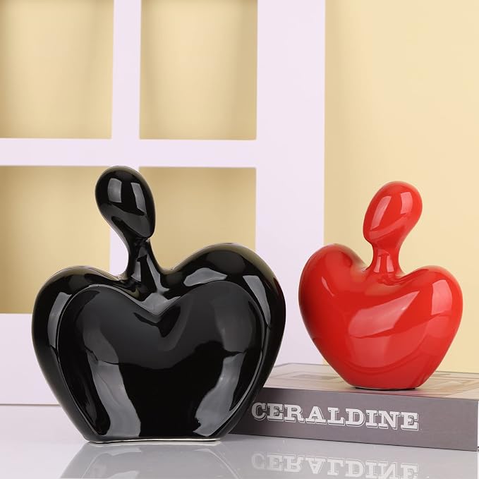 DOVDOV Ceramic Love Statue, Male and Female Couple embracing Sculpture, Black and red Home Decor, Wedding for Parents, Love Sign Figurines on The Shelf in The Living Room, 2-Piece Set