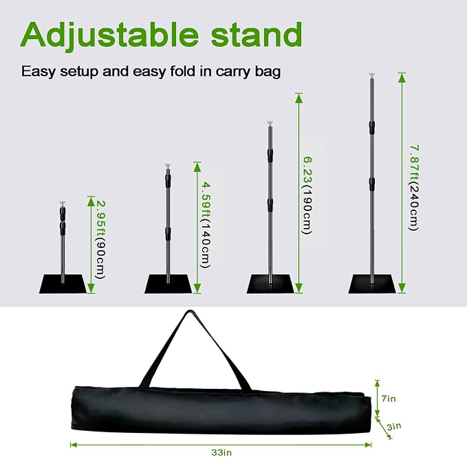 8 * 5FT Backdrop Stand, Metal Base Photo Studio Support System, Adjustable Backdrop Frame for Photography, Streaming, Wedding, Projector Screen, Tool Free Setup & Portable Carry Bag