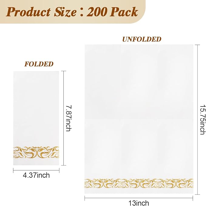BESTVIP 200 Pack Disposable Paper Napkins, 3-Ply Dinner Napkins with Gold Trim for Guests, Bathroom Paper Hand Towels Soft and Absorbent, Perfect for Kitchen, Dinner, Party, Wedding or Event