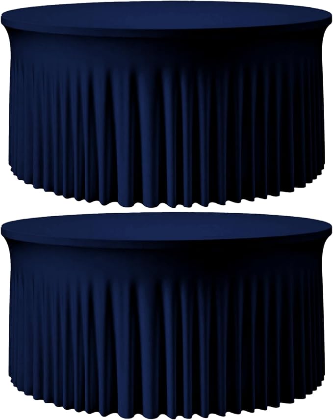 2 Pack Navy Blue Round Tablecloth with Ruffle Skirt, 60 Inch Elastic Fitted Table Cover for 5FT Table, Wrinkle-Resistant & Perfect for Graduation,Memorial Day,Veterans Day,Holiday Decor