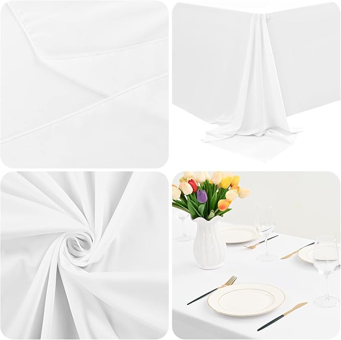 Fani 6 Pack 90 x 132 Inch White Polyester Tablecloths for 6ft Rectangle Tables, Wrinkle & Stain Resistant, Classic Style, Perfect for Formal & Casual Settings