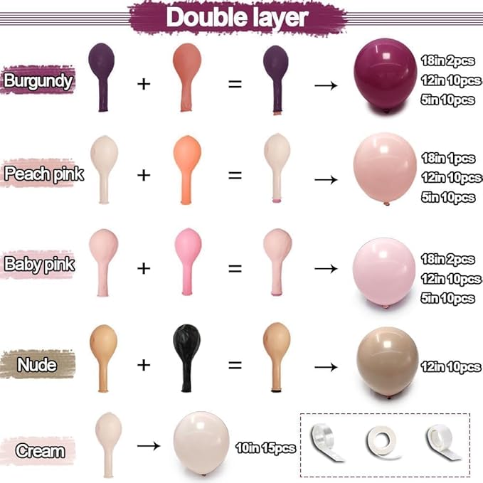 Burgundy Pink Balloon Garland Double Stuffed Pastel Pink Nude Beige Plum Mauve Lavender Latex Balloons Arch Kit for Birthday Wedding Baby Bridal Shower Decoration