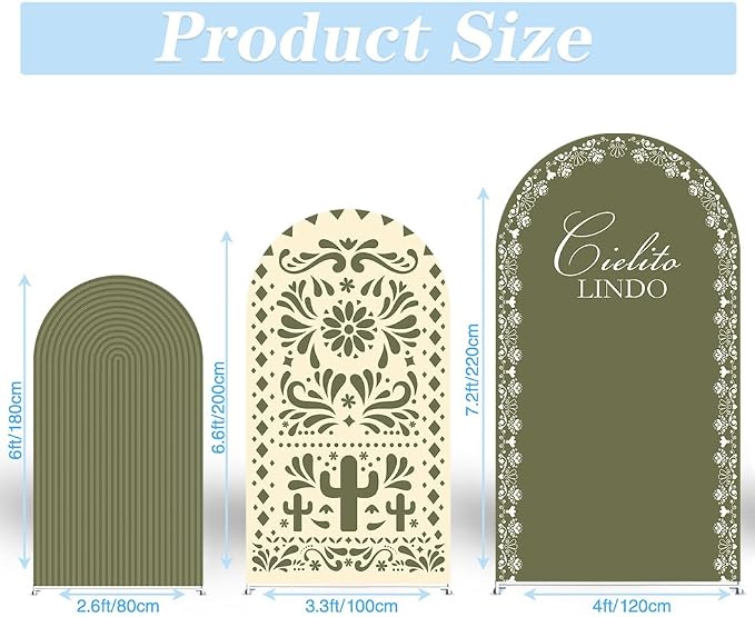 Set of 3 Arch Backdrop Cover Cielito Lindo Baby Shower Spandex Arch Fabric Cover for Mexican Bridal Wedding Birthday Party Decoration (6FT 6.6FT 7.2FT,Green)