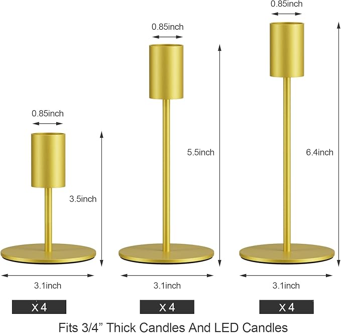 zeochyni Set of 12 Gold Taper Candle Holders Bulk Candlestick Holders, Decor Candle Stick Candle Holder for Table or Mantel Centerpiece, Wedding, Dinning, Party Home Decor