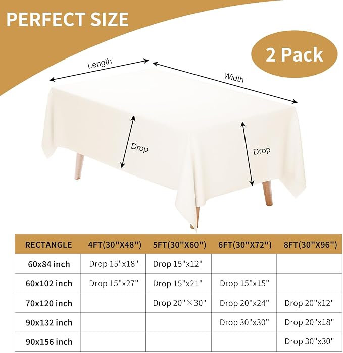 Fixwal Ivory Tablecloth Rectangle 60 x 102 Inch, 2 Pack 6ft Polyester Fabric Table Cloths Rectangular Table Covers for Party, Banquet, Dining, Birthday, Wedding