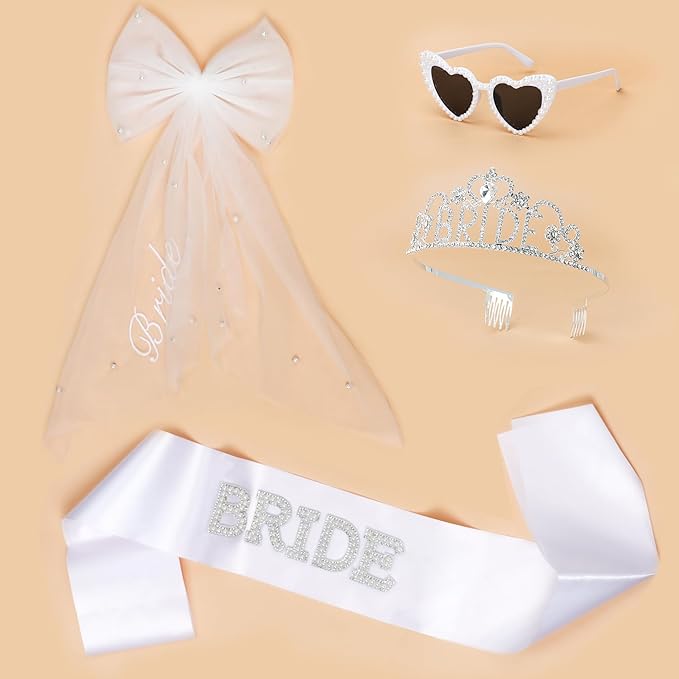 3 Pcs Bachelorette Party Decorations, BRIDE Crown ,Pearl Bride Sash,White Bride Embroidered Layer Veil for Women Bachelorette Party Gifts, Bridal Shower Supplies, Brides Accessories ,Gifts, Favors