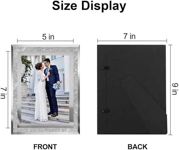 HIKWADERY 5x7 Picture Frames Silver - Set of 2, Sparkle Real Glass 5 by 7 Photo Frame Mirrored Edge Great Gift, for Tabletop Display, Wedding Birthday Mothers Day Gifts (5 x 7, Glitter Silver)