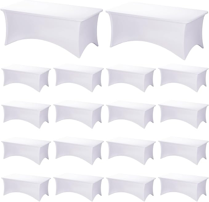 Fixwal 18 Pack 6Ft White Table Cover, Spandex Fitted Bulk Tablecloths Rectangle, Wrinkle-Free and Stretch Folding Table Cloth for Banquet, Wedding, Party, Trade Show