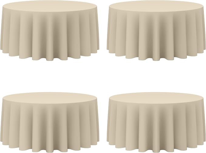 BRILLMAX 4 Pack Beige Round Tablecloths 132 Inch for 72” Tables - 150 GSM Polyester Fabric, Floor Length Drop, Water, Stain & Wrinkle Resistant Cloth Cover for Wedding Reception Banquet Dining