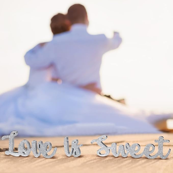 Love Is Sweet Table Decor Hollow Sign Wooden Love Is Sweet Sign for Dessert Table Freestanding Wood Is Wooden Letter Top for Wedding Shelf(Glitter Silver)