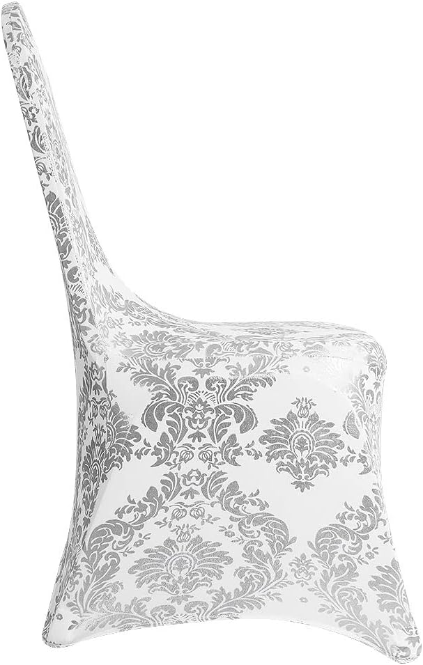 Pack of 10 Dining Chair Covers Bronzing Silver Flower Print Removable Washable Spandex Stretch Decorative Chair Slipcovers Set for Party Wedding Home Decorations - Silver+White