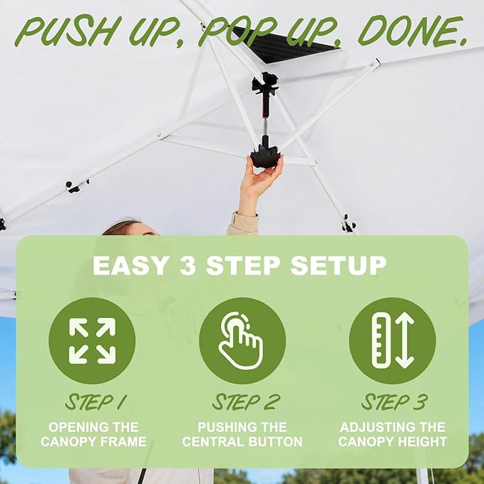 Suteck 10x10 Pop Up Canopy Tent, One-Push Easy Setup Instant Canopy with Vented Top, Waterproof UV Protection, 3 Adjustable Heights for Camping, Party, Beach & Outdoor Events