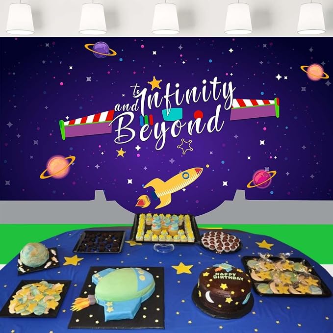 to Infinity and Beyond Backdrop Green and Purple Space Theme Background Kids 2nd Birthday Party Banner Decorations for Cake Table 7x5 ft 40