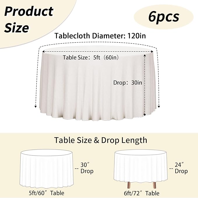 Fixwal 6 Pack Ivory 120 Inch Round Tablecloths, Reusable Heavy Duty Washable Polyester Table Covers, Stain and Wrinkle Resistant for Wedding, Bridal Shower, Boho Party, Outdoor, Picnic