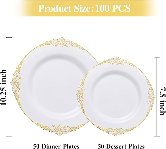 Bestluck 100 PCS White and Gold Plastic Plates for 50 Guests, Gold Disposable Plates Include 50 PCS Dinner Plates, 50 PCS Dessert Plates for Party, Wedding and Graduation
