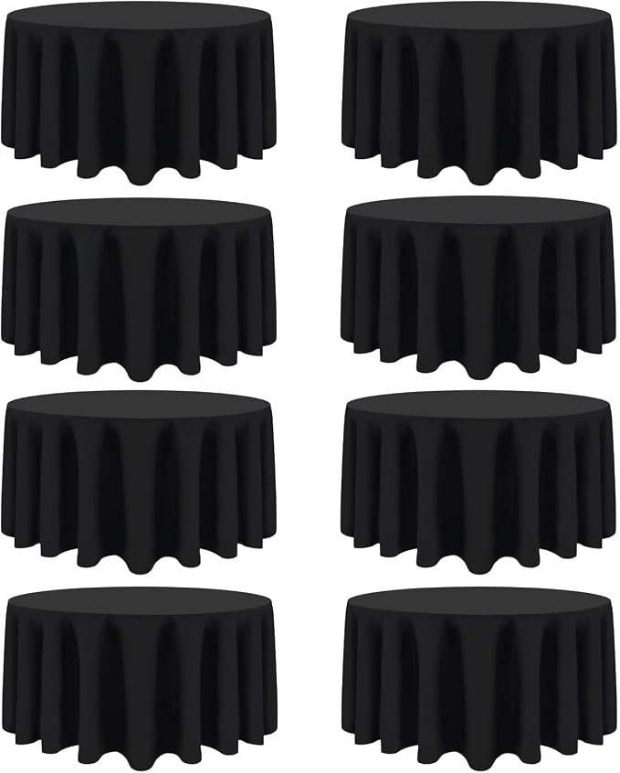 8 Packs 120 Inch Black Round Tablecloth in Diameter, Washable Polyester Fabric Tablecloths, Wrinkle Resistant Table Cloth for Wedding Party Banquet Dining