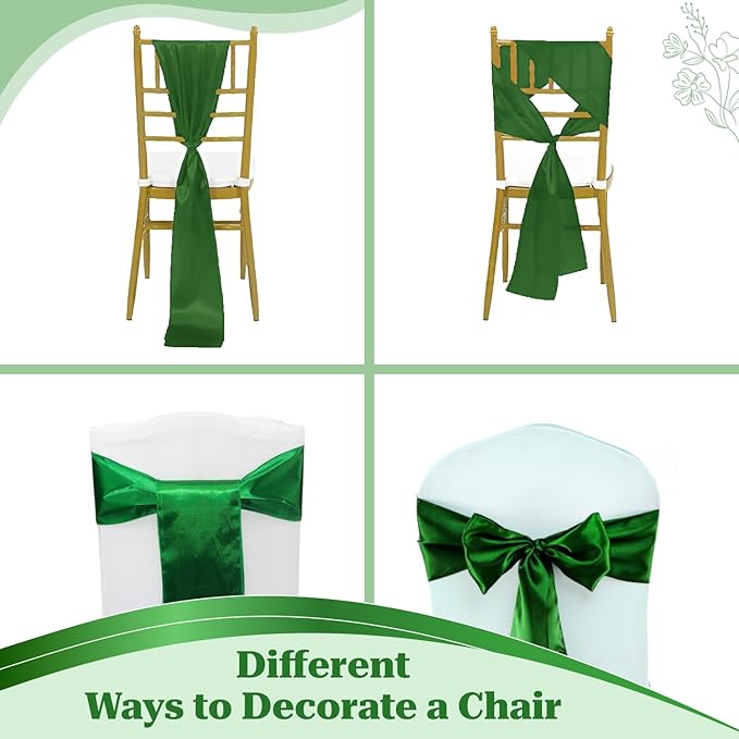 MDS Satin Chair Sashes, 125 Pack, 7”x108” Each, Decorative Chair Bows Ribbon Tie Backs for Wedding Party, Holiday Dinner, Birthday, Reception, Banquet, Hotel & Event Decoration - Green