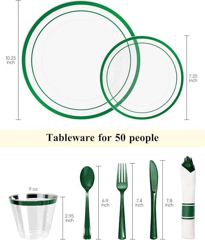 Goodluck 350 Pcs Clear Green Disposable Plastic Plates, Dinnerware Sets | Plastic Silverware Include 100 plates, 50 pack Pre Rolled Napkins With Silverware, 50 cups for Christmas, St. Patrick's Day