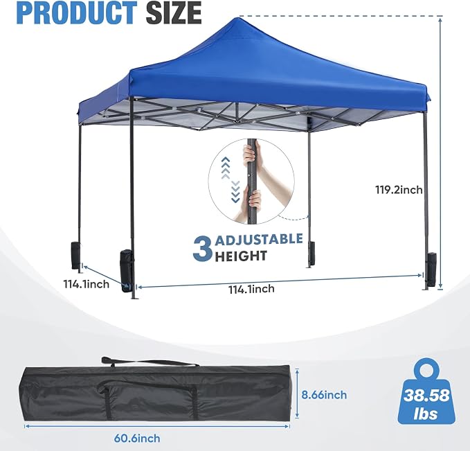 OLIXIS 10x10 FT Pop Up Canopy Tent, Sun Shade Instant Canopy with Windproof Sand Bags, Heavy Duty Portable Outdoor Shelter for Beach Yard Party Events, Royal Blue