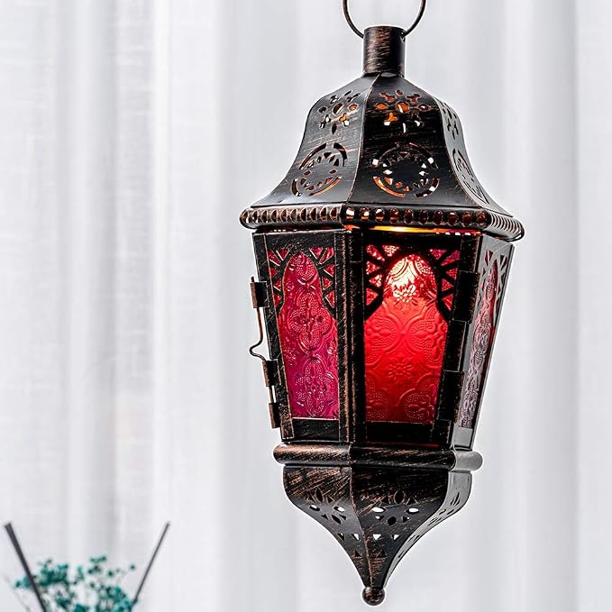 Moroccan Decorations, Lantern Decorative Indoor & Outdoor, 13.6’’ Vintage Decorative Hanging Lantern with Chain for Home Porch Patio Decor, Metal Ramadan Christmas Candle Holders(Plum Red)