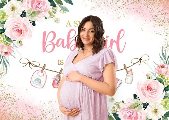 5x3ft Cute Clothes Baby Shower Backdrop for Girls a Sweet Baby Girl is on The Way Newborn Kids Pink Floral Gold Dots Baby Shower Party Decorations Banner Supplies Photo Booth Props