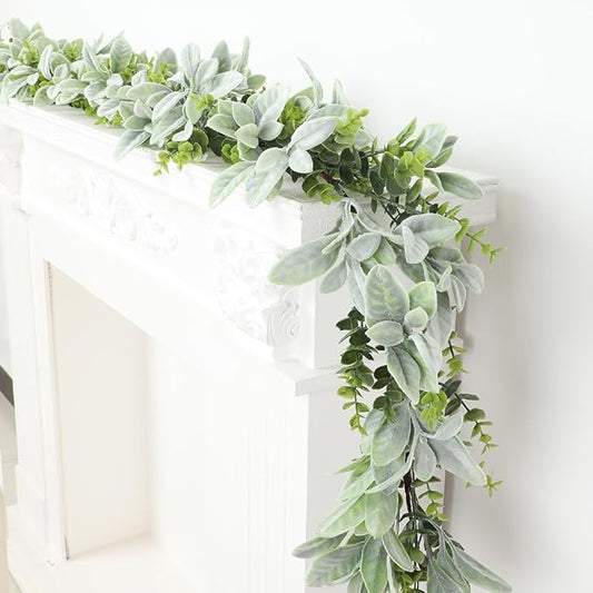 Spring Garland 6Ft Artificial Eucalyptus and Lambs Ear Greenery Garland Flower Spring Summer Green Garlands Vines for Home Wedding Table Mantel Garden Decoration