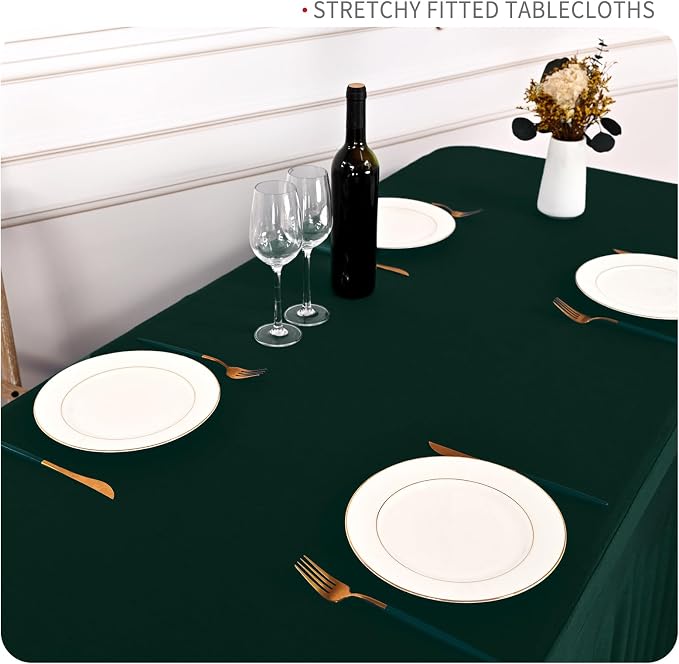 fani 6 Packs Emerald Green Stretch Table Skirts for 8 Foot Rectangle Table, Washable Spandex Stretch Tablecloths with Skirt, Wrinkle Resistant Fitted Tablecover for Wedding Party Banquet