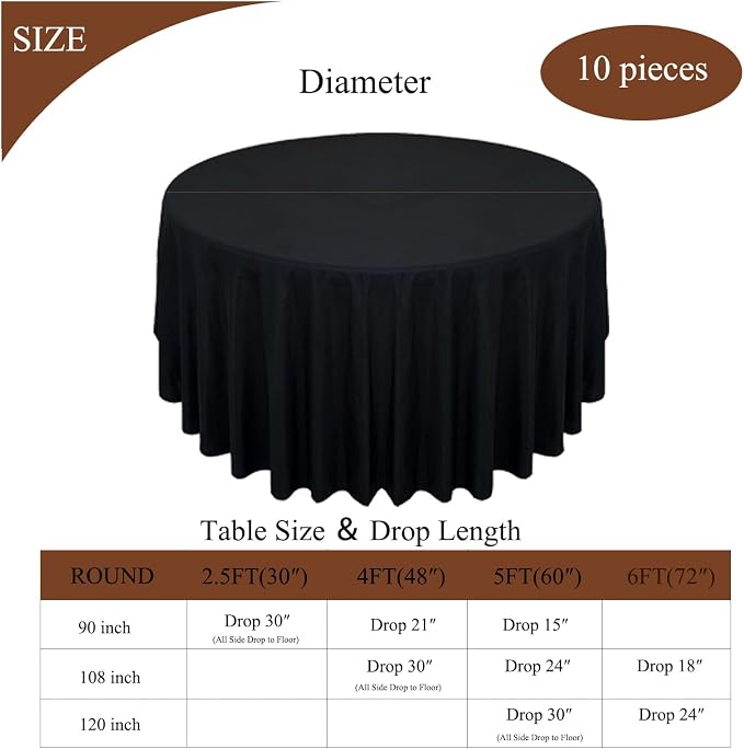 10Pack Black Round Tablecloth 90 inch Black Table Cloth, Washable Round Table Cloth Polyester Table Cover for Dining Wedding Banquet Party