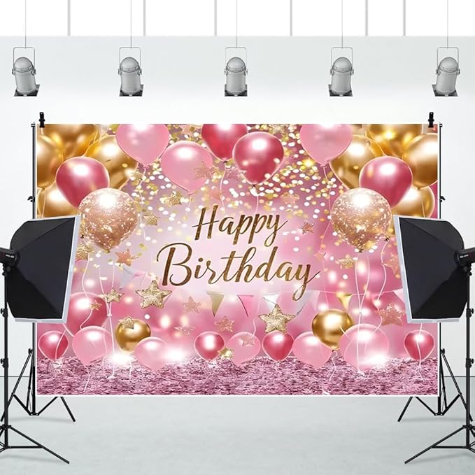 Leowefowa Pink and Balloons Gold Glitter Happy Birthday Theme Photo Backdrops 16x7ft Vinyl Girl Sweet Princess Birthday Party Decor Cake Table Supplies Photography Background Photo Booth Props