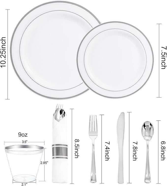 WELLIFE 350Pcs Silver Plastic Plates for 50 Guests - Disposable Dinnerware Set, Party Supplies Includes 100 Silver plates,150 Silverware,50 Napkins,50 Cups, Plastic Plates for Party and Wedding