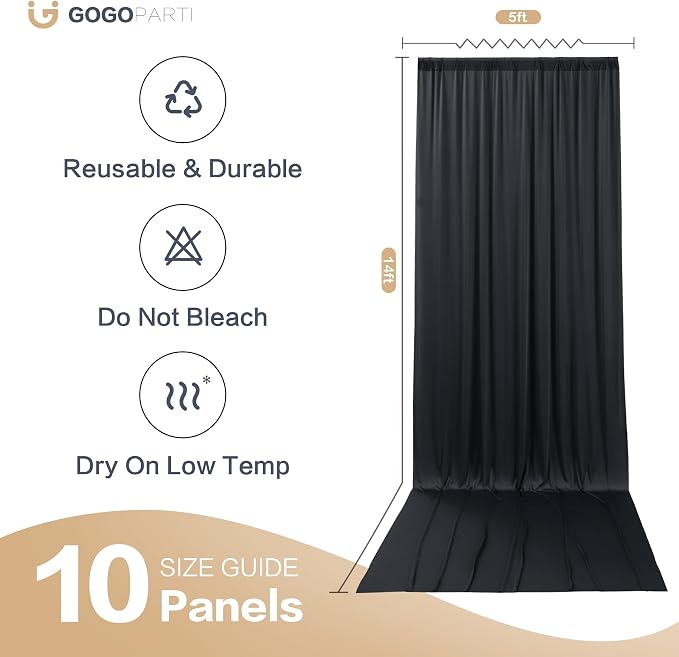 50x14ft Black Backdrop Curtains for Wedding Party, 10 Panels 14 ft Long Back Drop Cloth, Wrinkle-Free Polyester Drapes for Birthday, Baby Shower, Stage Photography Background